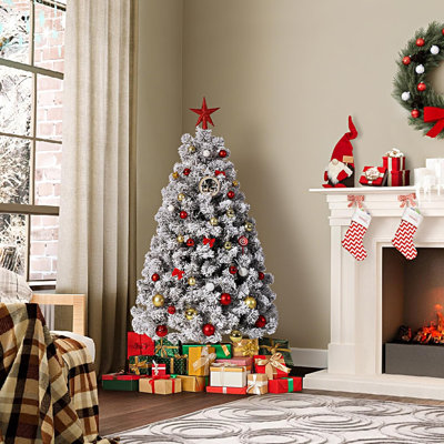 Arbre de Noël artificiel 2025 4,5 pi avec lumières de Noël blanc chaud floquées en PVC - Écoénergétique, DEL blanc doux, guirlandes de Noël d'intérieur, décoration d'arbre de Noël festif