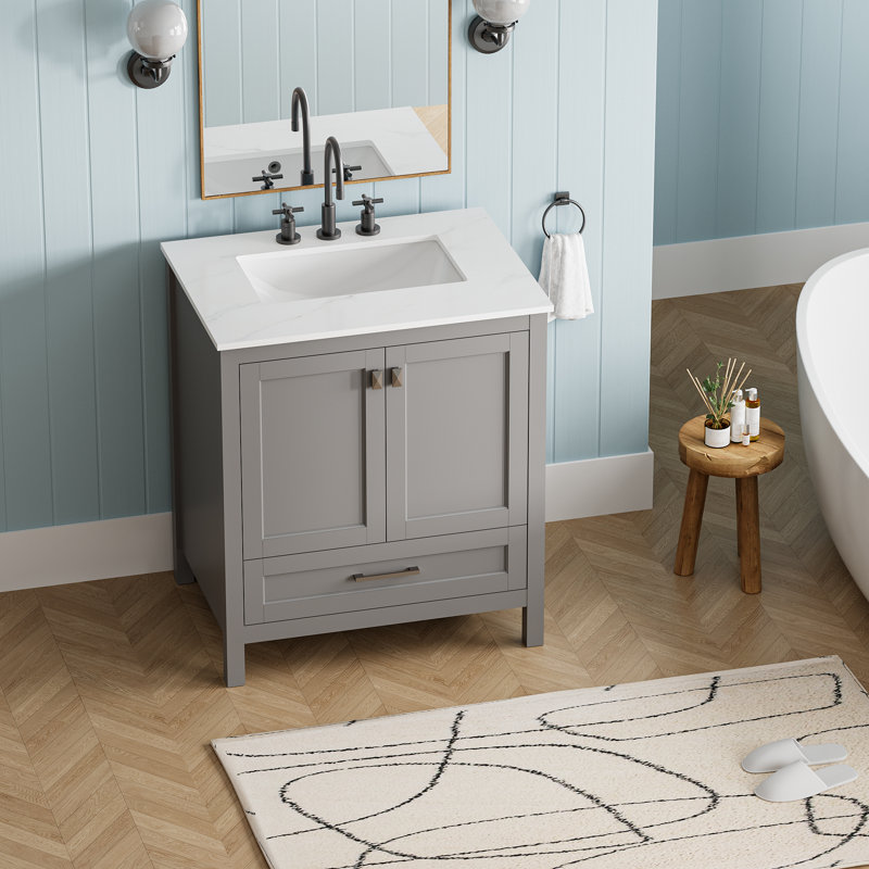 30" Freestanding Single Bathroom Vanity with Engineered Marble Top, Undermounted Ceramic Sink, Soft-Close Door, Solid Wood Drawer, 3 Colors Option