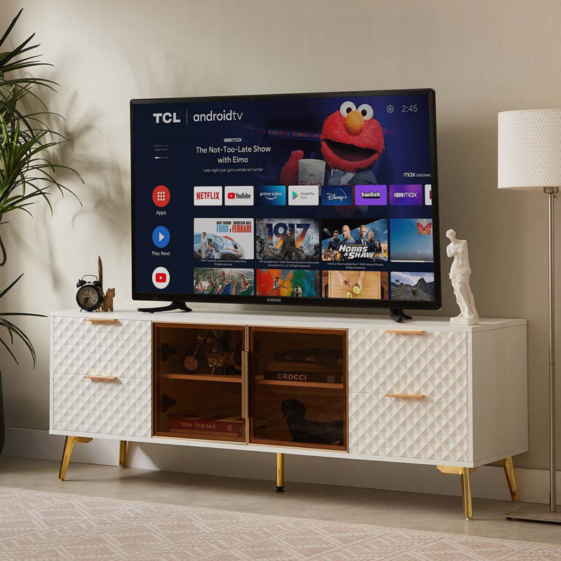 Meuble télé géométrique avec tiroirs et portes en verre, Blanc