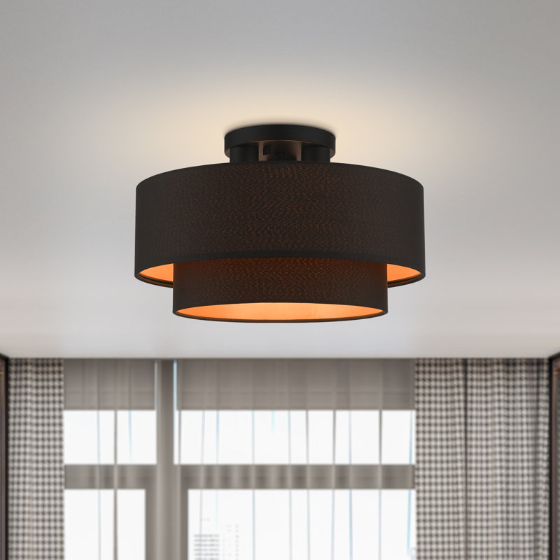 Plafonnier semi-encastré en tissu Bhagipuri Samik, Noir, Noir/orange, H 8,75 po x l 15 po x P 15 po