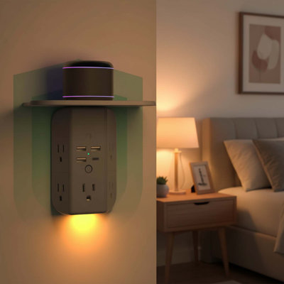 Wall Outlet Extender With Shelf, Night Light, Surge Protector, 5 Ac Outlets, 3 Usb A Ports, 1 Usb C, 3-sided Multi Plug, Gray