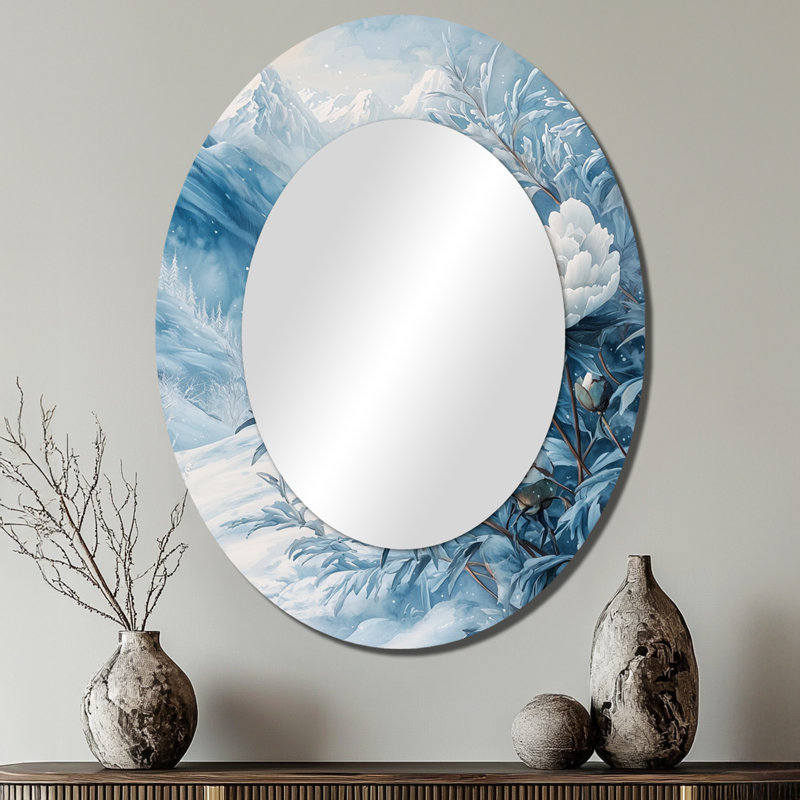Neige pivoines dans un paysage d'hiver III - Miroir mural traditionnel ovale, 40 po x 30 po