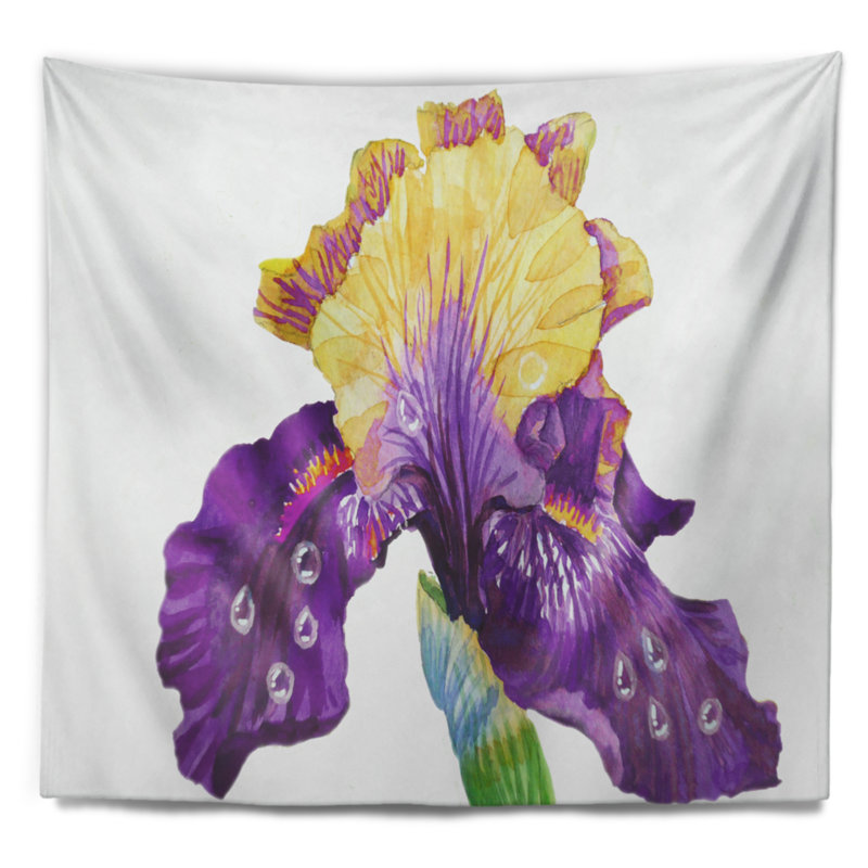 Tapisserie d'iris en fleurs bleues et jaunes, H 68 po x l 80 po