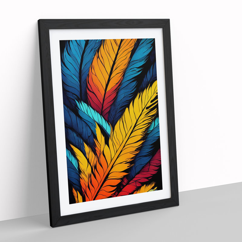Feathers A Technicolour No.1 - Single Picture Frame Painting, 64cm H x 46cm W x 2cm D, Black