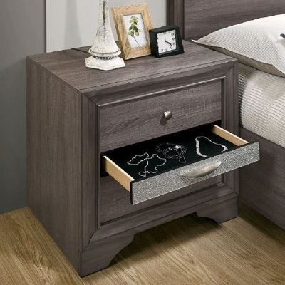 Contemporary 2 - Drawers Bedside Table With Nickel Round Knob, Silver Accents, Felt Lined Drawers, Solid Engineered Wood, For Bedroom Gray 1pc Nightst