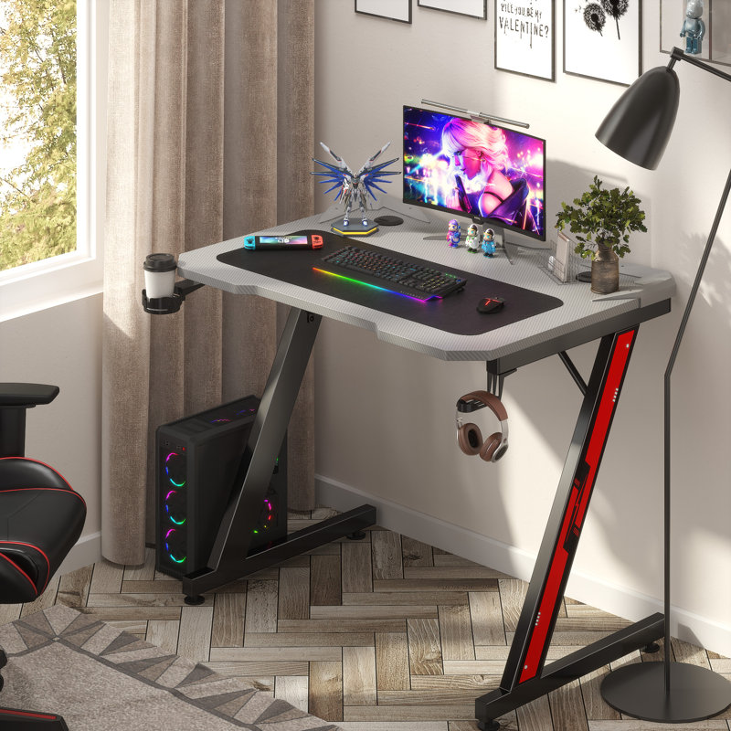 Bureau de jeu en fibre de carbone Heidrick, H 28,5 po x l 31,4 po x P 23,6 po, Gris / noir