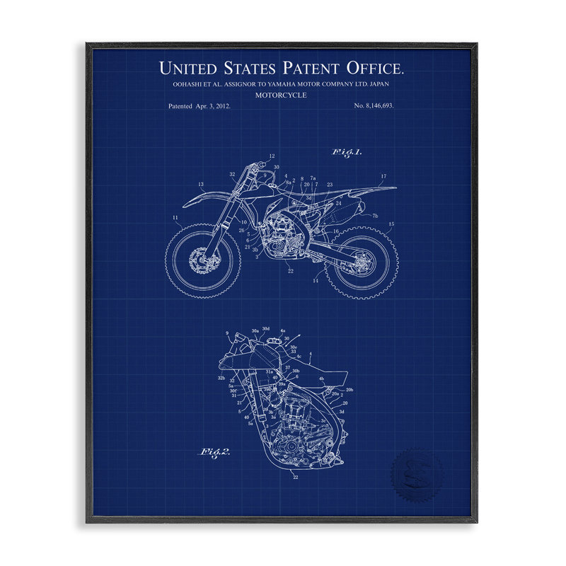 Motif de motos bleues, estampe numérique par Karl Hronek, Giclée encadrée noir minuit, H 14 po x l 11 po