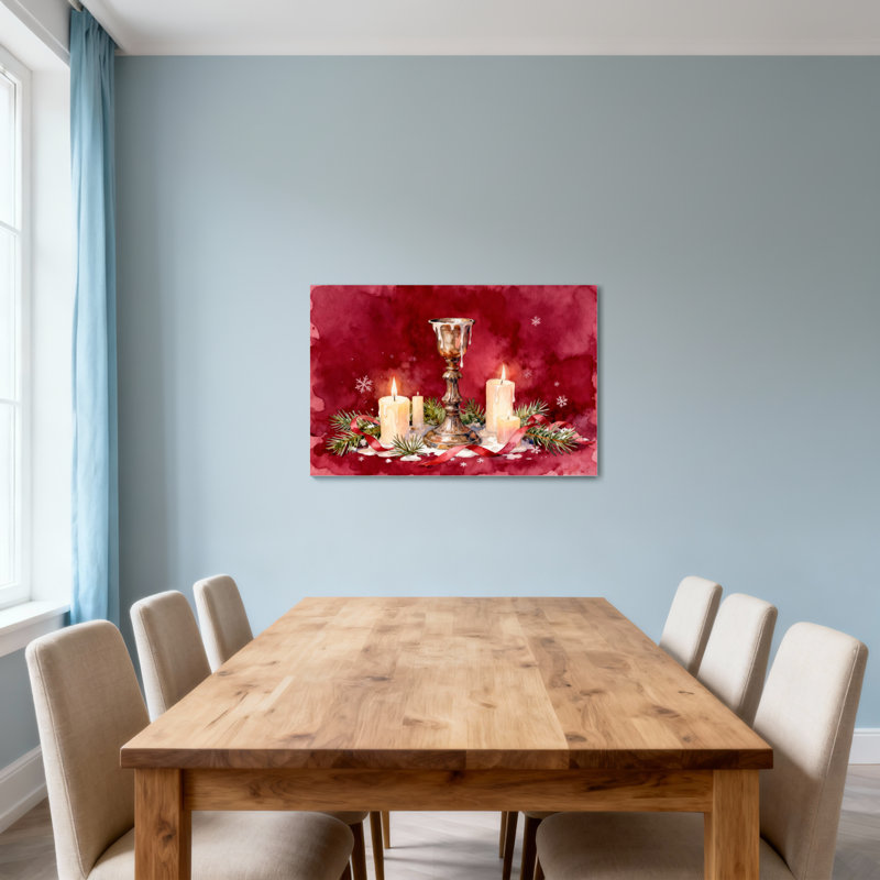 Bougies de Noël et branches de pin sur fond rouge, H 12 po x l 18 po