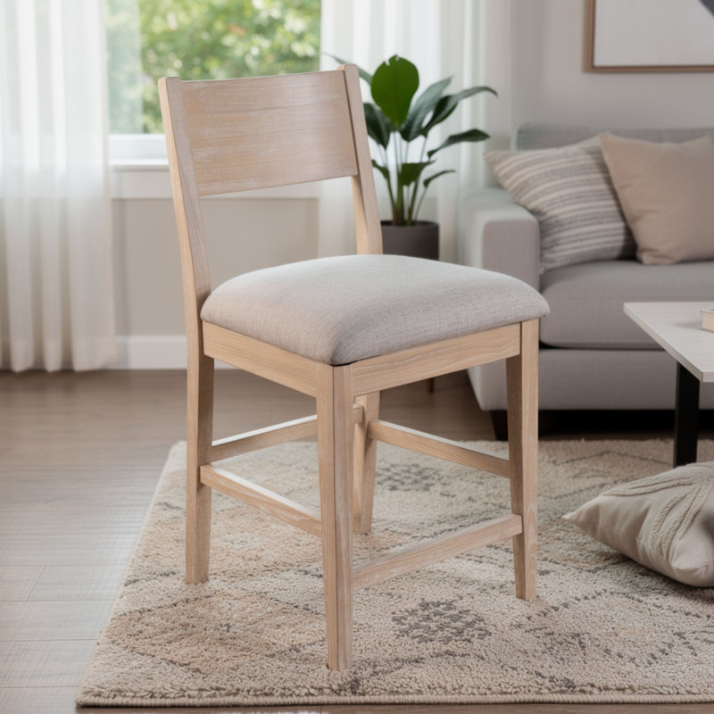 Ensemble de 2 chaises à hauteur de comptoir Casy, coussin gris, bois massif brun naturel