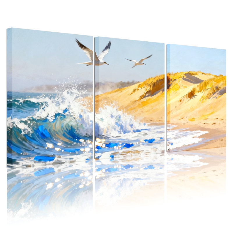 Oiseaux, vagues de sable, dunes, mouettes, ciel, coucher de soleil, ensemble de 3 toiles, H 18 po x l 36 po