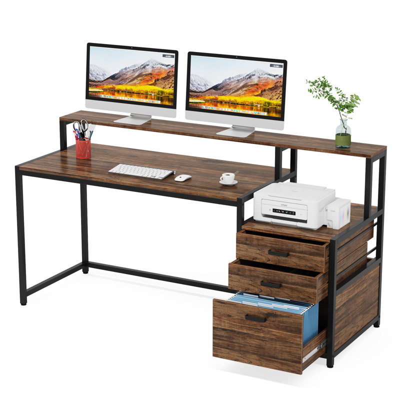 Metal Base Computer Desk, Brown, Black/Brown