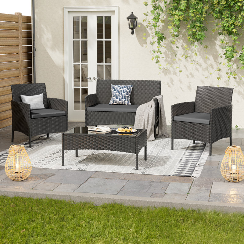 4 - Person Patio Conversation Set with Cushions, Black Frame/Black Cushion
