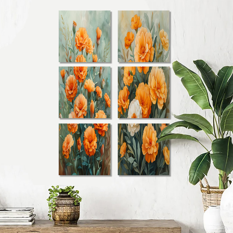 Orange orange, jardin de soucis parfumés - souci, art mural, ensemble de 6, Toile tendue, Ne s’applique pas