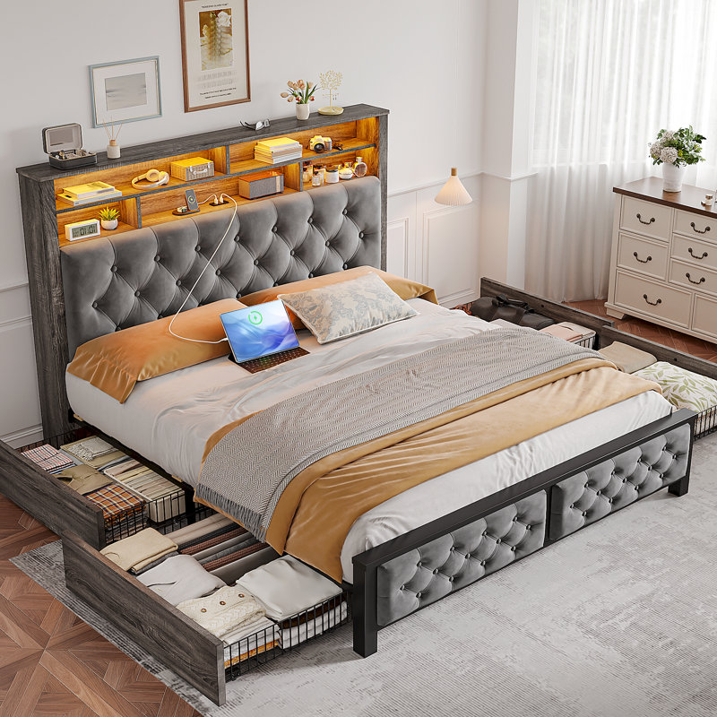  Upholstered Bed with Wood Frame, 4 Storage Drawers, Modern Bed Frame with Charging Station & LED Lights, Headboard Included,Queen/Gray