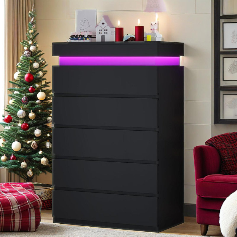 Modern 5-Drawer Vertical Chest with Mood-Sensing LED Lights & High-Gloss Finish – Slim Space-Saving Design for Bedrooms & Gaming Rooms