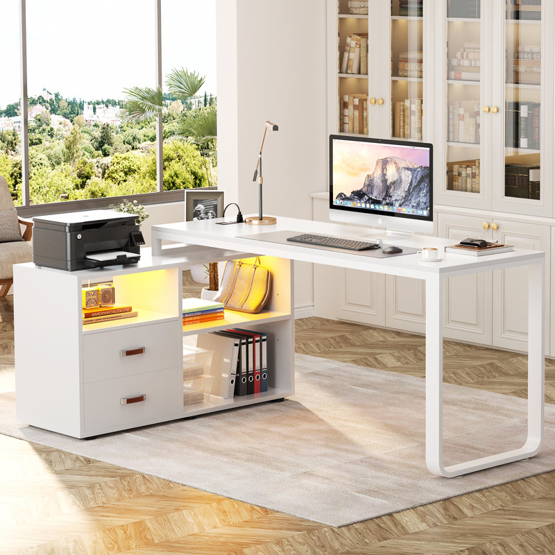  62" L Shaped Computer Desk with File Drawer, LED Lights, Brown/Black
