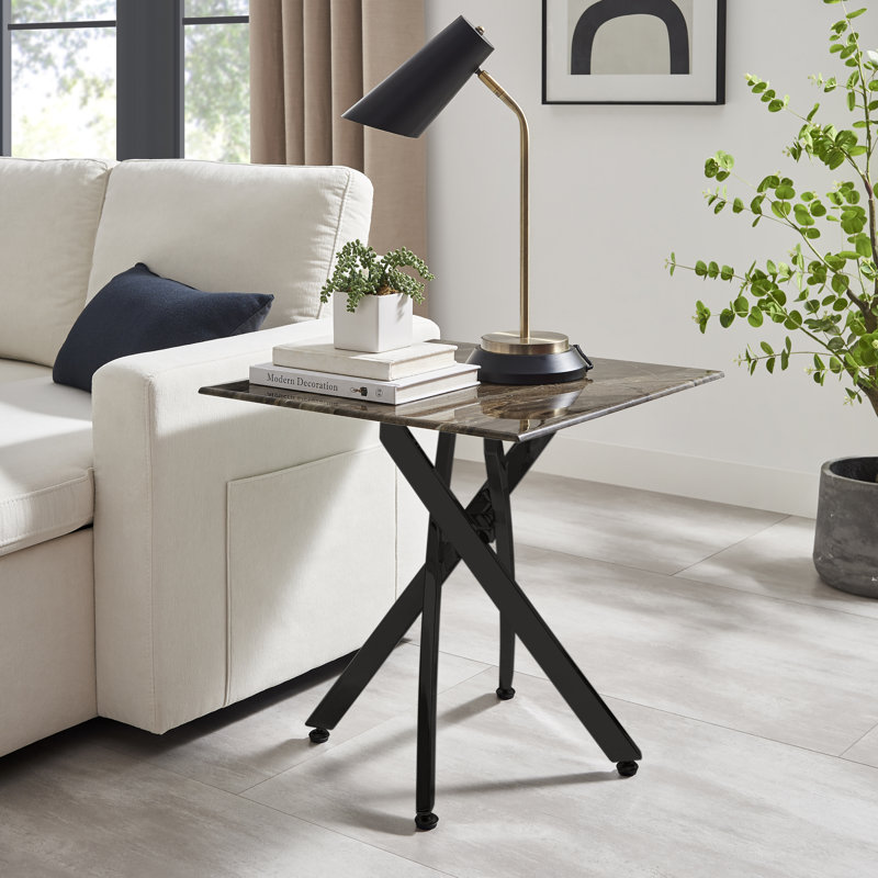 Atal Marble Effect Sofa Side Table - Glass Topped Metal Leg Small Table, Gray Marble Effect, Black Powder Coated Metal