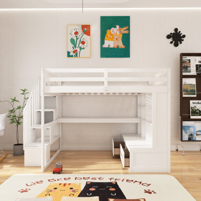 Lit mezzanine double avec bureau et tablettes, deux tiroirs intégrés, escalier de rangement