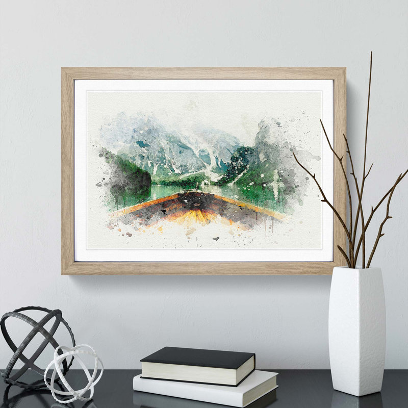 Boat in Lago Di Braies Italy in Abstract - Picture Frame Painting Print, 62cm H x 87cm W x 2cm D, Oak Framed