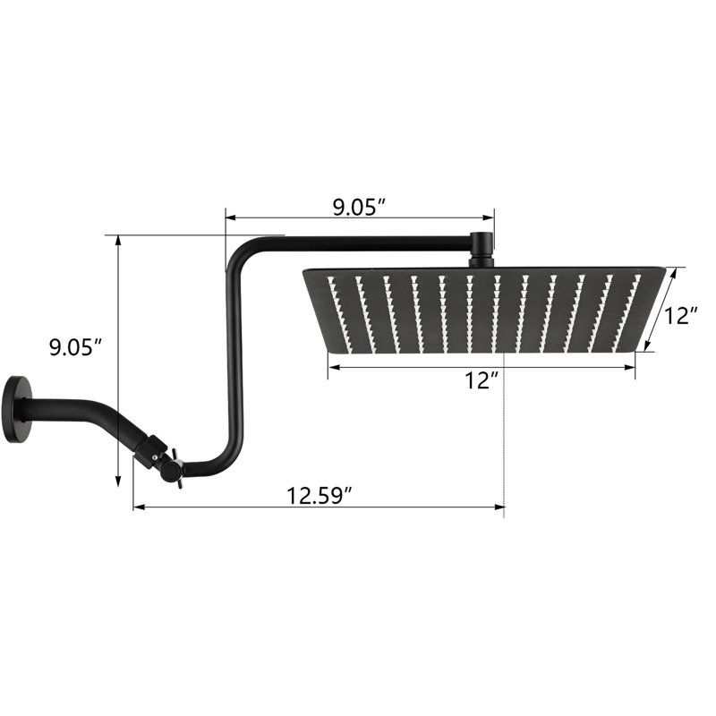Pomme de douche 12 po en acier inoxydable avec bras ajustable - design luxueux noir mat