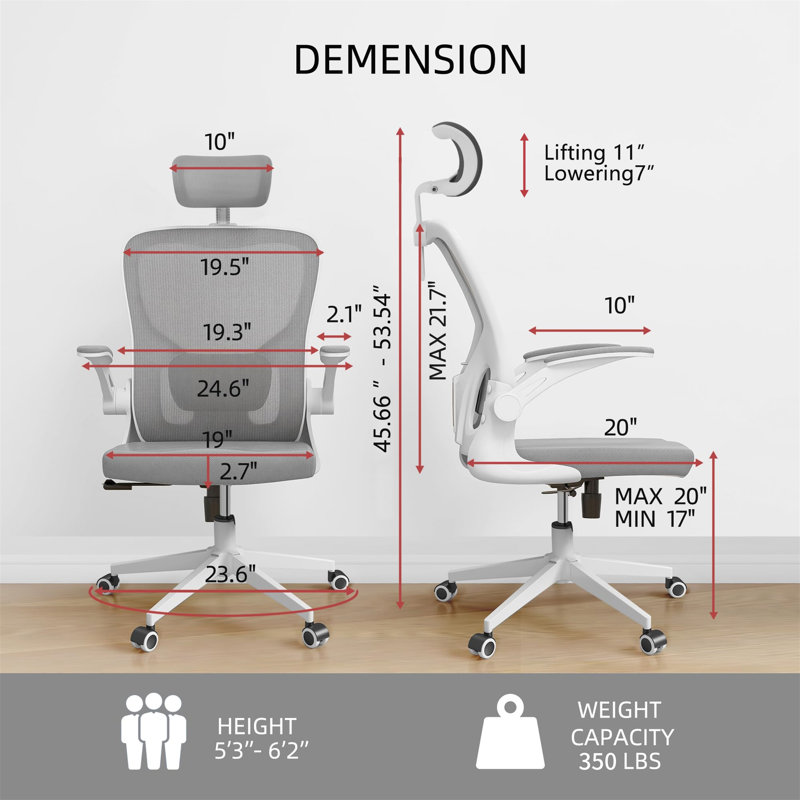 Chaise de bureau Nykeesha, Gris, Blanc