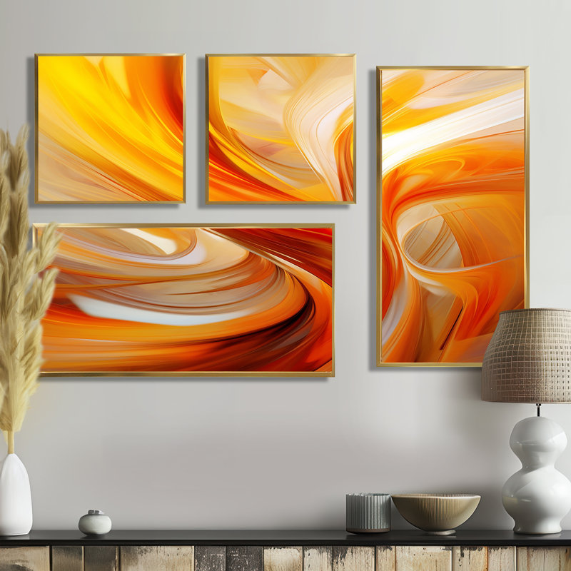 Décoration murale orange abstraite chaleureuse fractale VII - décoration murale orange 4 pièces, Noir