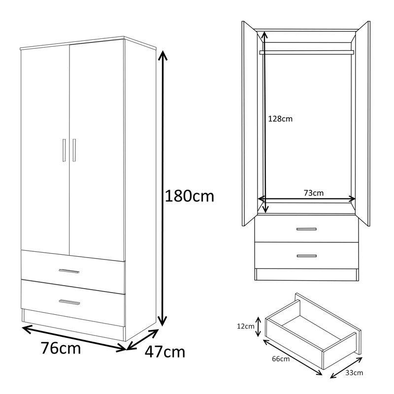 Eva High Gloss 2 Door + 2 Drawer Wardrobe - H: 180cm x D: 47cm x W: 76cm, Black Oak/Gloss Black