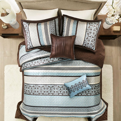 Couvre-lit réversible - bleu avec médaillon et feuille 5 motifs brodés