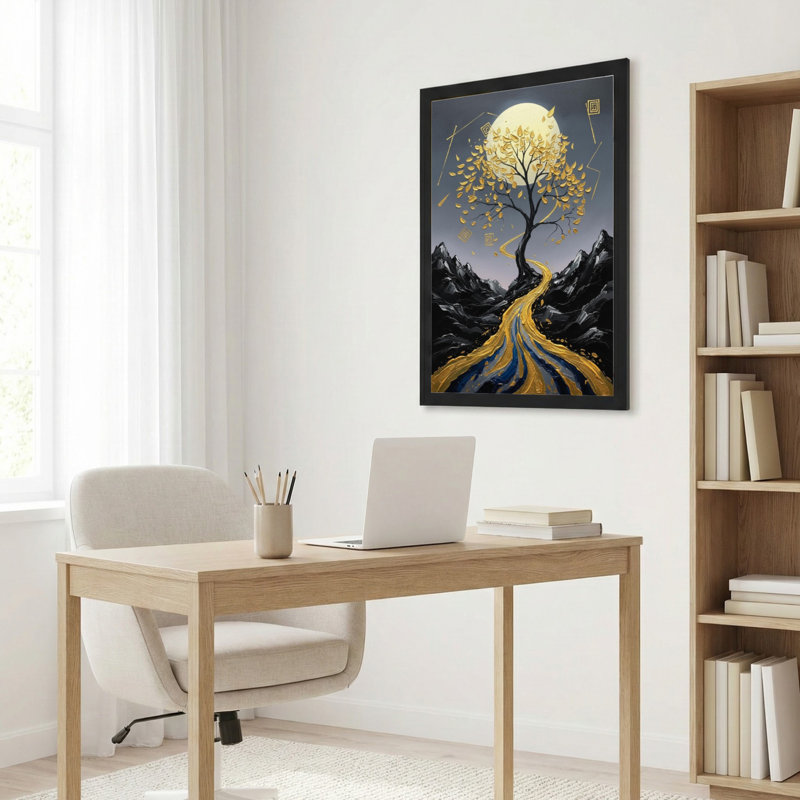 Ensemble de 1 tableau sur toile tendue représentant un paysage d'arbre doré et de lune, H 18 po x l 12 po