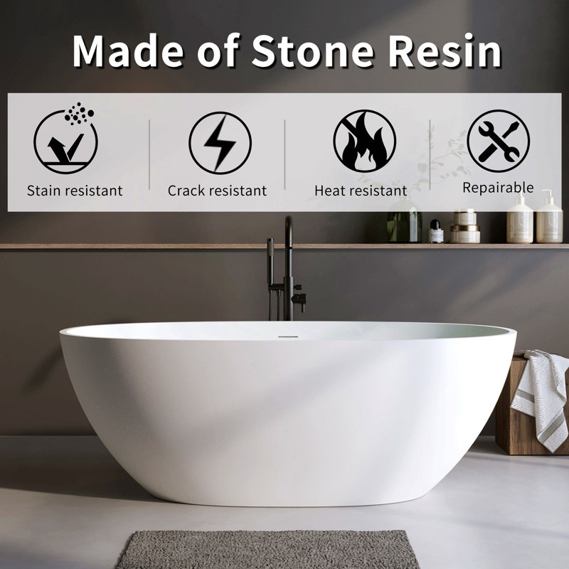 Solid Surface Matte Tub, Solid Surface Soaking Tub, Stone Resin Freestanding Bathtub, Thick Edge Stand Alone Tubs With Overflow, Pop-Up Drain, Matte White (Oval)