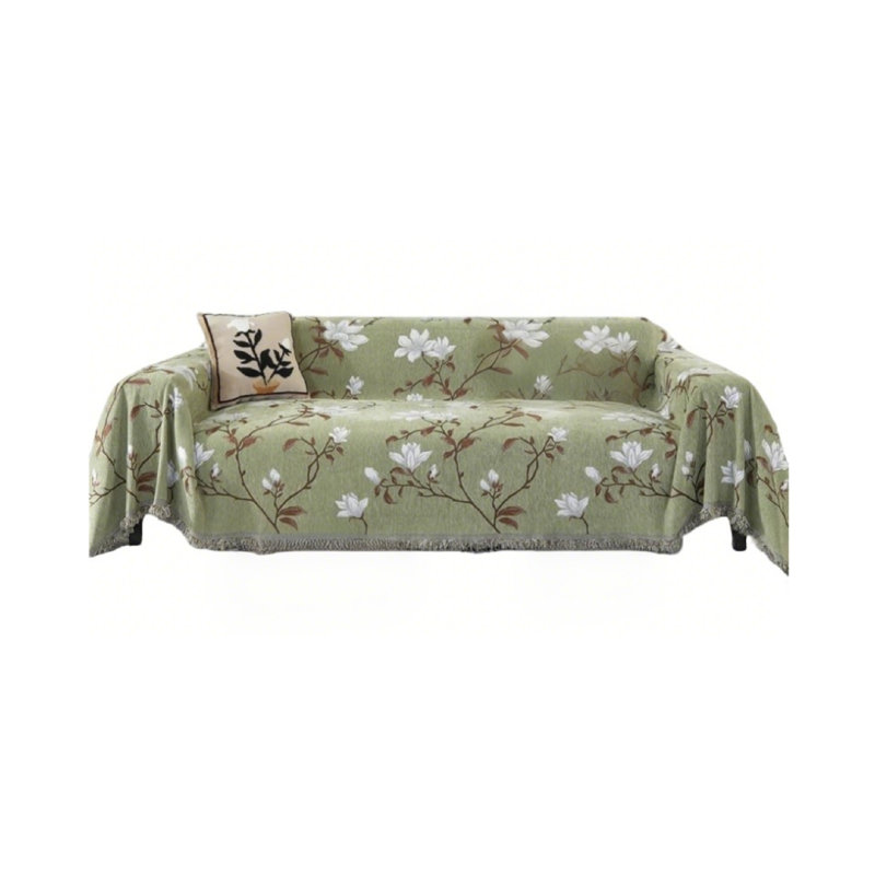 Cotton Box Cushion Sofa Slipcover, Green/Brown/White Floral