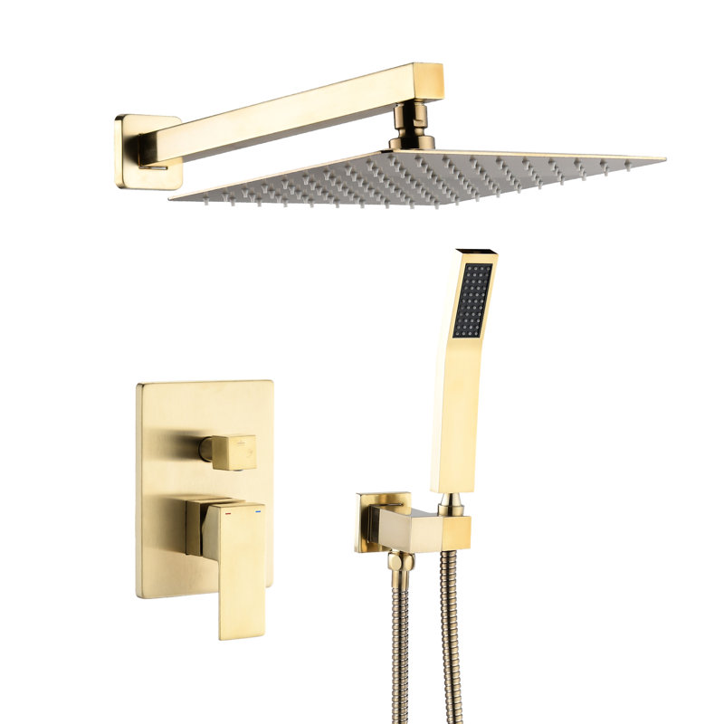 Wall Mounted Brushed Gold 10 Inch Shower With Adjustable Head, Diverter, And High - Quality Finish For A Serene Bathroom Combination Single Lever Handle, Diverter Valve, Easy Clean Square Head Comfort