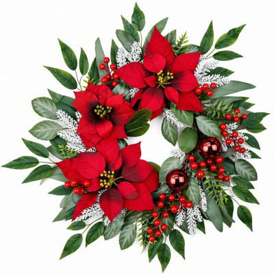 Couronne de poinsettia de Noël 23,6 pouces avec baies rouges et ornements pour la porte d'entrée