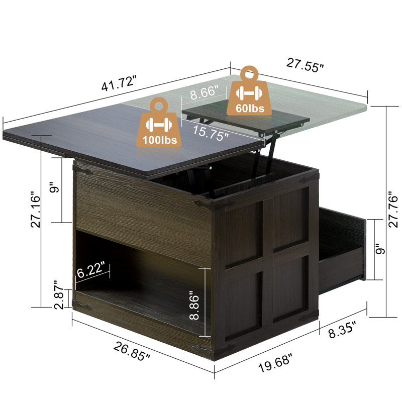Wynny Farmhourse Wood Square Coffee Table, Lift Top Coffee Table with 4-in-1 Storage, Dark Gray