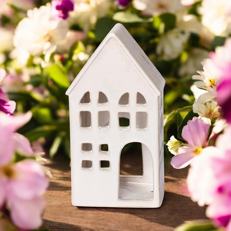 Ceramic Townhouse Tealight Holder - Hand-Finished Candle Lantern with Cut-Out Windows Starry Roof Home Décor