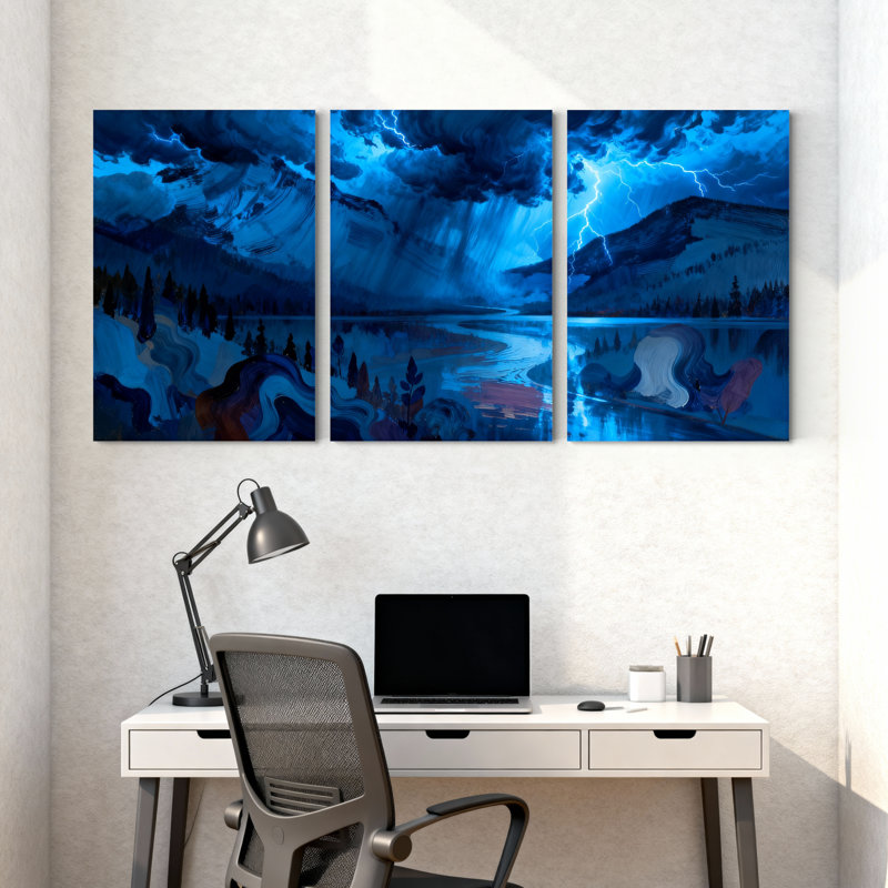 Scénario et paysages urbains, nuit orageuse avec éclair et montagnes, ensemble de 3 impressions sur toile, H 30 po x l 60 po