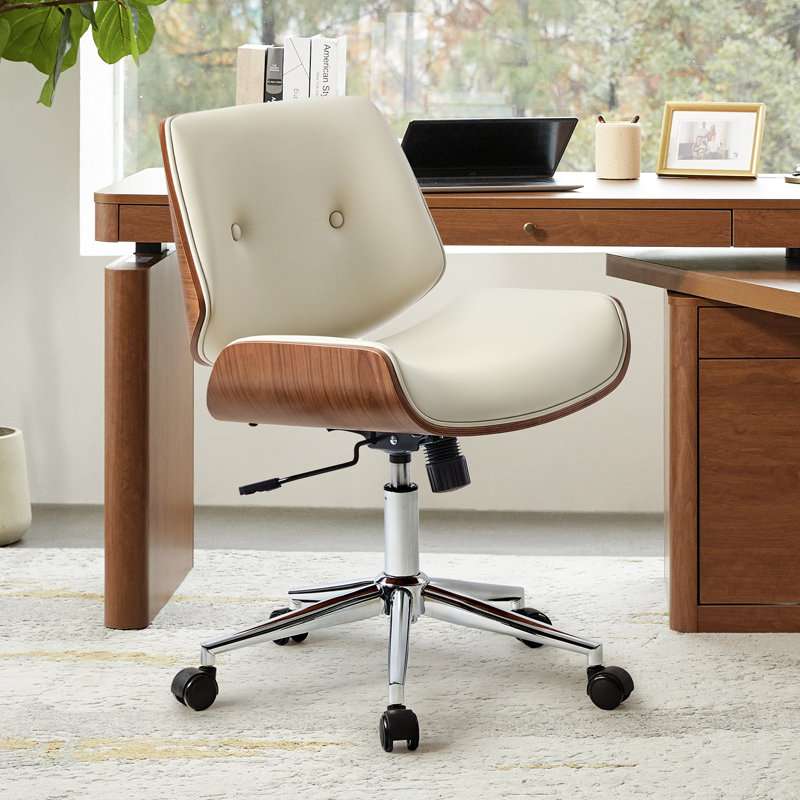 Faux Leather Upholstered Office Chair with Wood Frame , Ivory
