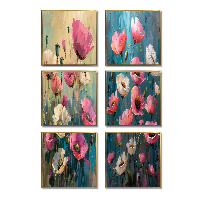 Ensemble de salon 6 pièces coquelicots rose et blanc, Impression encadrée sans passe-partout, Doré