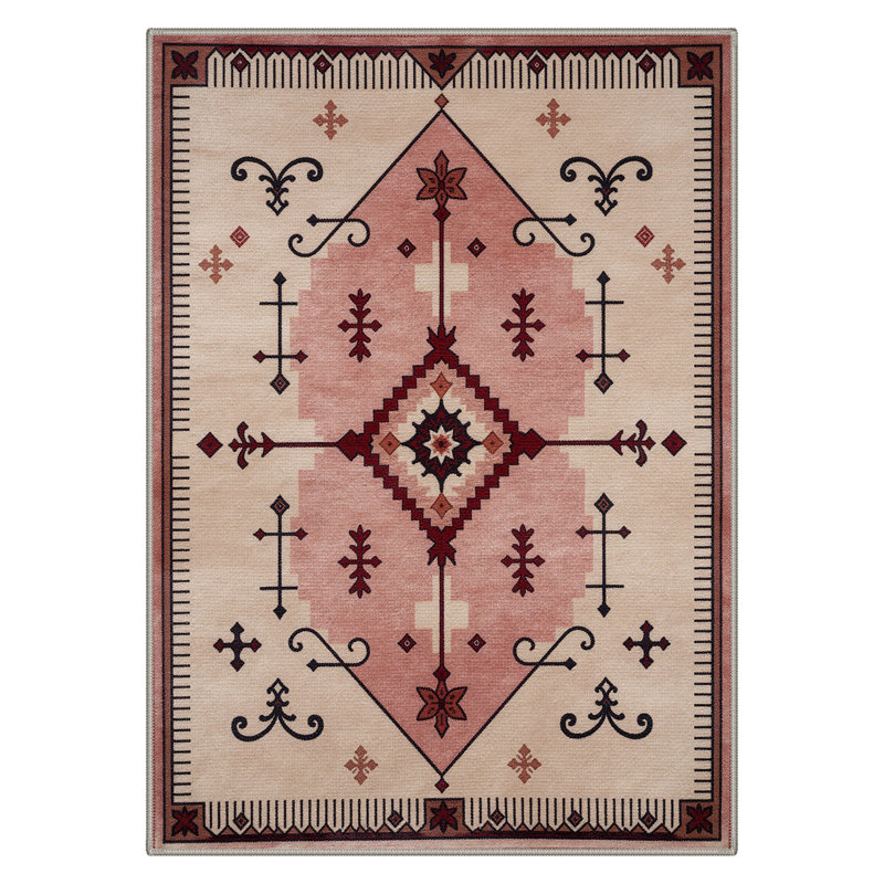 Boho Geometric Machine Washable Pink / Beige Indoor Area Rug with Non-Slip Backing, Rectangle 5' x 7'