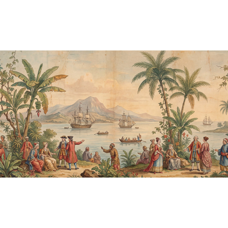 Chinoiserie Vintage Wallpaper Coastal Tropical Wall Decor, 100" x 96", Peel and Stick
