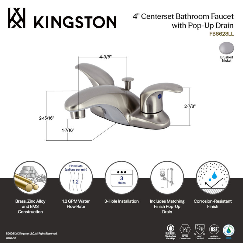 Robinet de salle de bain central à 4 poignées à fixation sur comptoir à 3 trous Kingston