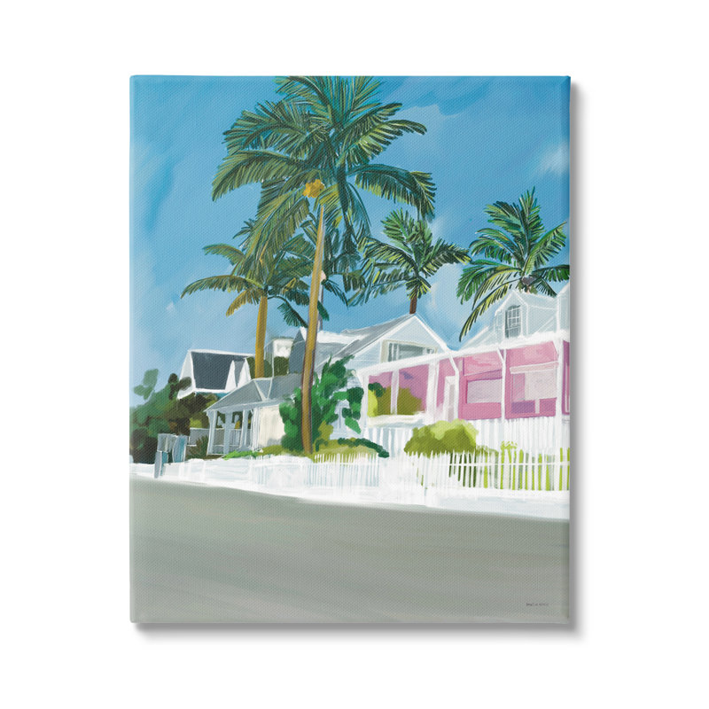Palmiers tropicaux, maisons de vacances d'été par Amelia Noyes - Peinture, H 20 po x l 16 po x P 1,5 po, Toile tendue