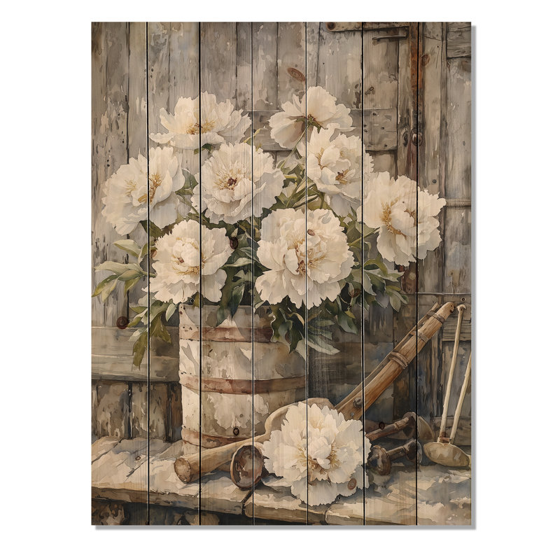 Peonies Into The Dairy Shed II - Peonies Wood Wall Decor - On Natural Pine Wood, 44" H x 34" W x 0.78" D
