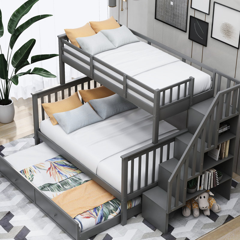 Gray Twinfull Bunk Bed With Twin Trundle And Thoughtful Storage Configuration Trundle, Intuitive Design, Gray