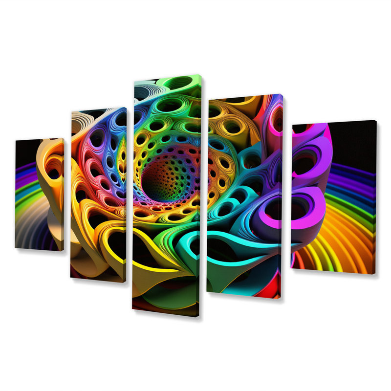 «Neon Rainbow 3D Spiral», reproduction sur toile à spirales abstraites - 5 panneaux
