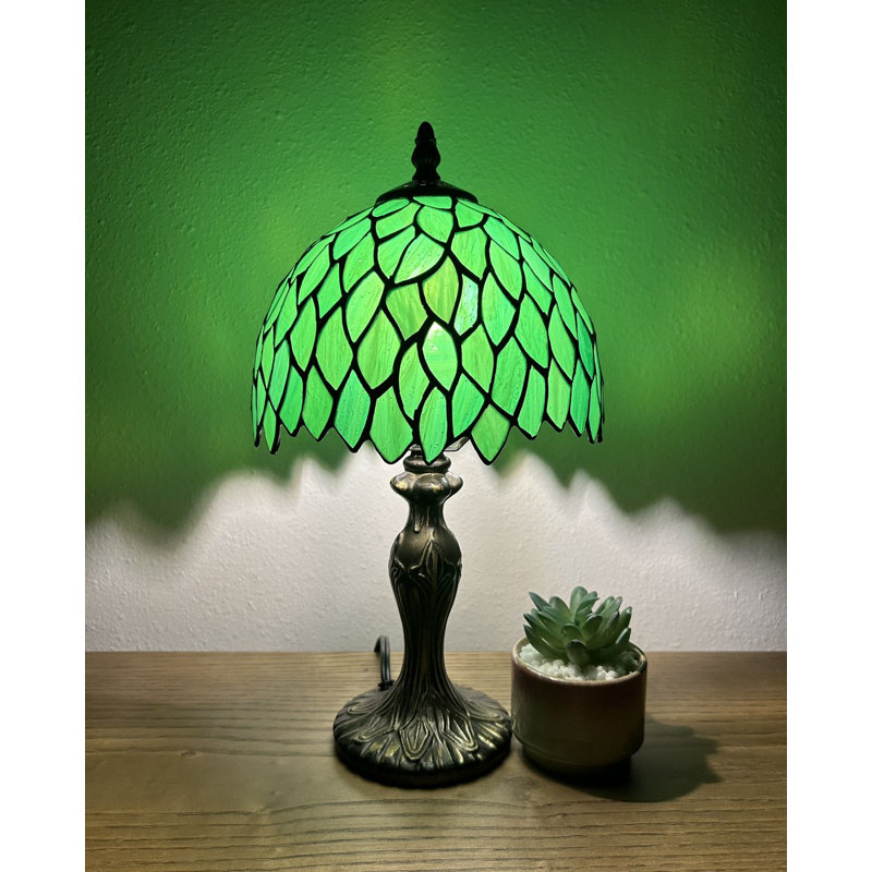 Roslin Tiffany Mini Table Lamp Green Stained Glass Green Leaves LED Bulb Included 8"W*8"D*15"H