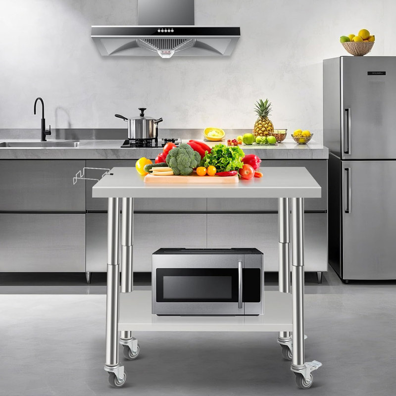 Table de préparation en acier inoxydable, table de préparation en métal de 36 po x 24 po avec dosseret et sous-tablette réglable, bord incurvé, table de préparation alimentaire robuste avec crochets pour la maison