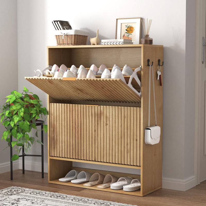Slim Freestanding Shoe Cabinet, Narrow Fluted Shoe Storage Organizer with Removable Side Hooks, Natural Wood