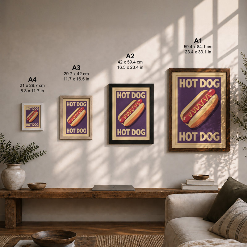 Hot Dog Poster Retro - Framed Print, A1 - 84.1 x 59.4 cm, Black