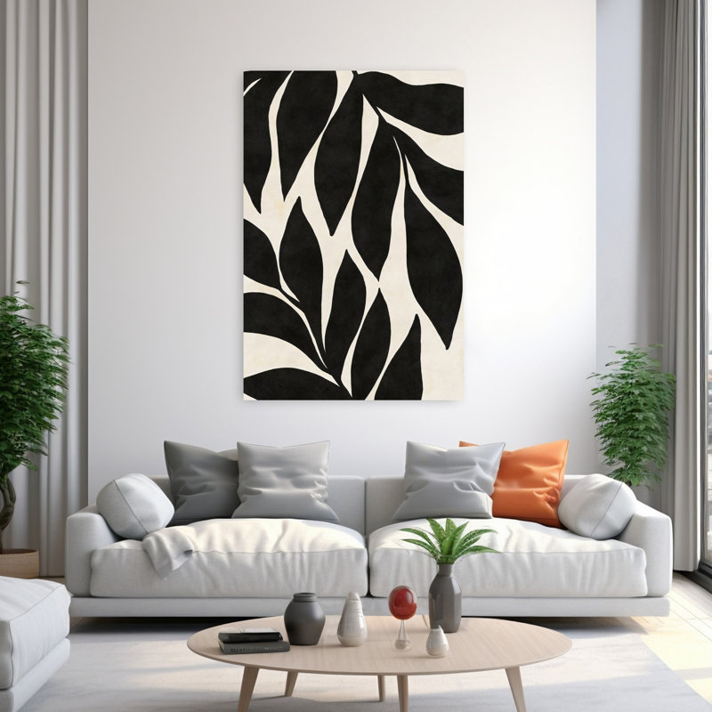 Art mural contemporain noir et brun clair à motif floral abstrait et audacieux, 60" H x 40" W